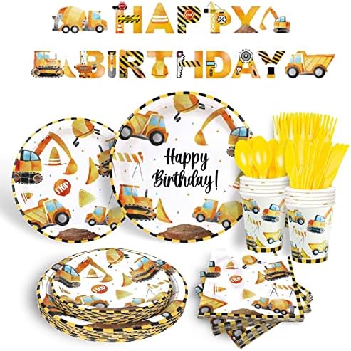 Construction Party Supplies with Birthday Banner 117PCS Excavator Tableware Set Serves 16