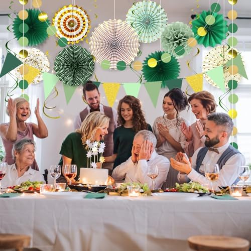 MEIWUTIE Green Gold Paper Fan Decorations Set
