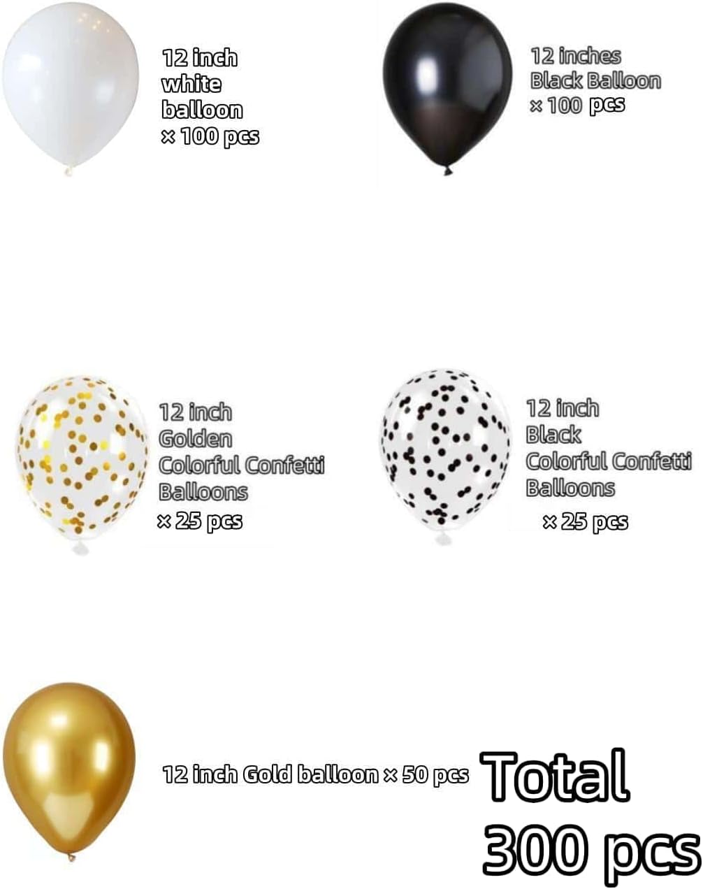 300 Pcs Black White Gold Confetti Balloons Set