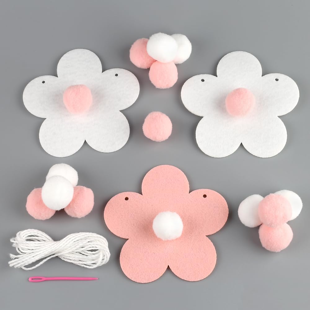 2 Pcs Felt Garland White Pink Flower Decor Banners