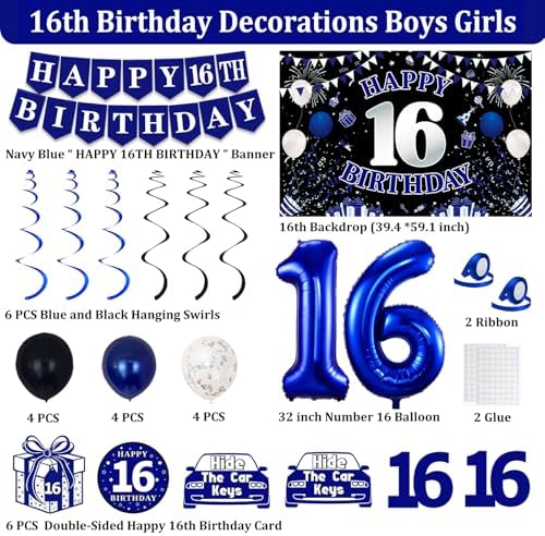 16th Birthday Decorations Blue Black Party Supplies