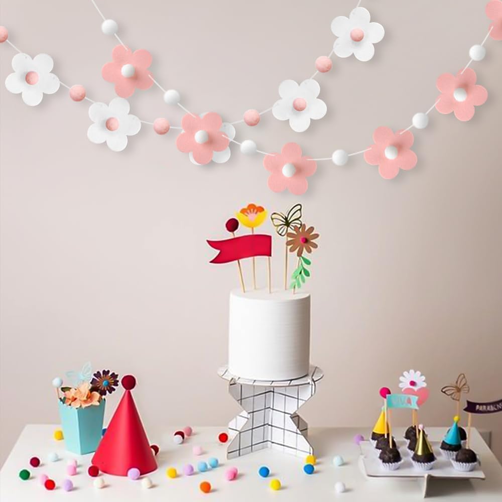 2 Pcs Felt Garland White Pink Flower Decor Banners