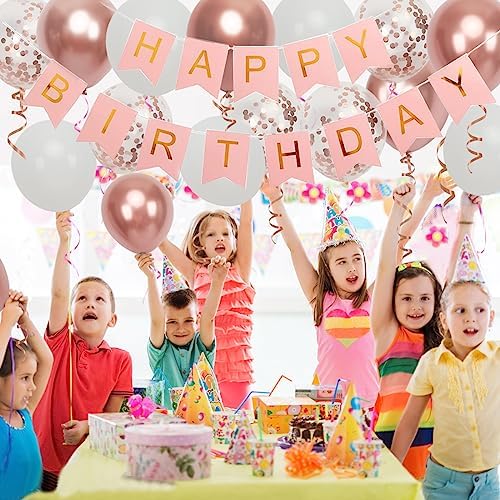 Rose Gold Birthday Banner with 16 Balloons and Ribbons