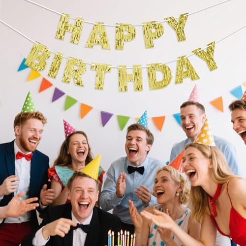 Gold Happy Birthday Banner - 9ft Pre-Strung Foil Garland