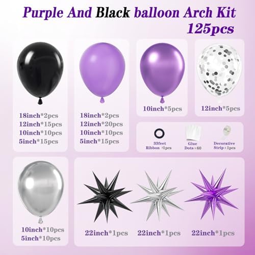 125pcs Purple and Black Balloon Garland Kit