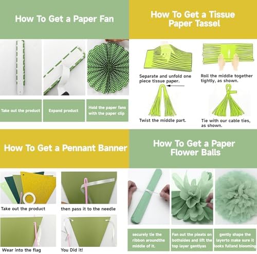 MEIWUTIE Green Gold Paper Fan Decorations Set