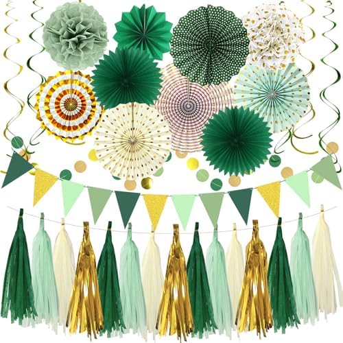 MEIWUTIE Green Gold Paper Fan Decorations Set