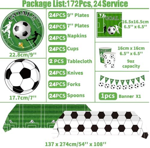 172pcs Soccer Themed Party Set for 24 Guests