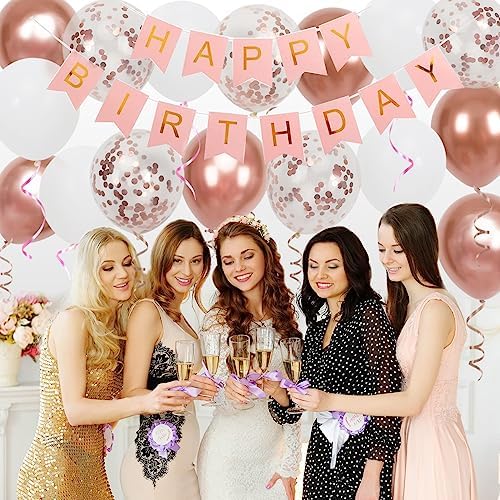 Rose Gold Birthday Banner with 16 Balloons and Ribbons