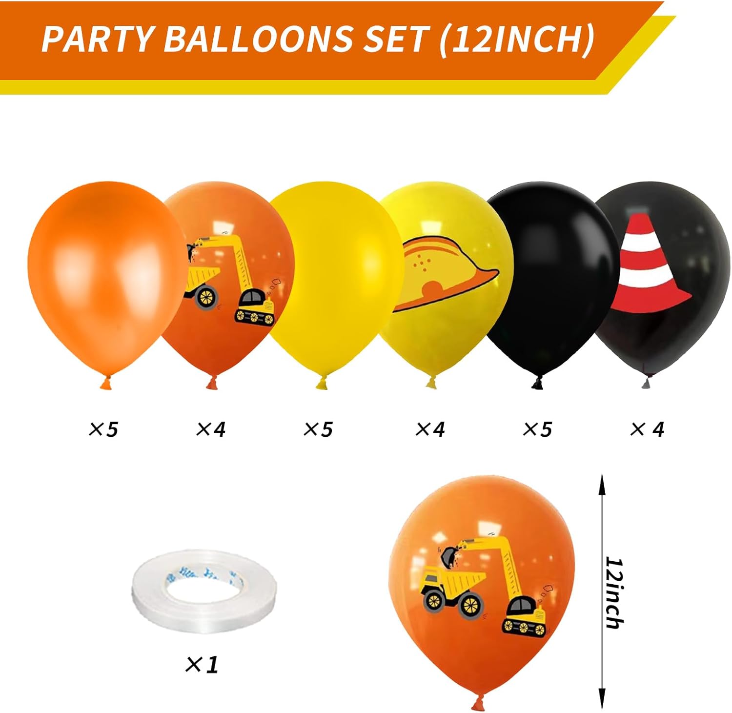 12 Inch Construction Balloons with Excavator and Helmet Designs