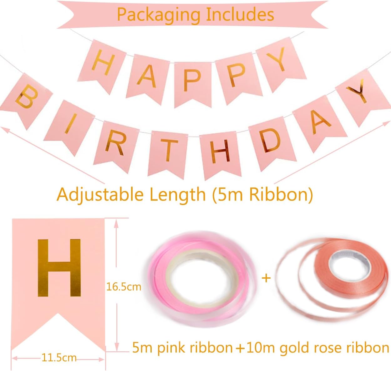 Rose Gold Birthday Banner with 16 Balloons and Ribbons