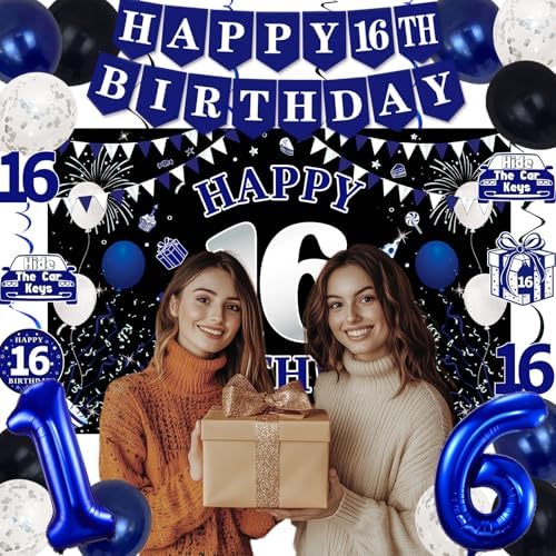 16th Birthday Decorations Blue Black Party Supplies