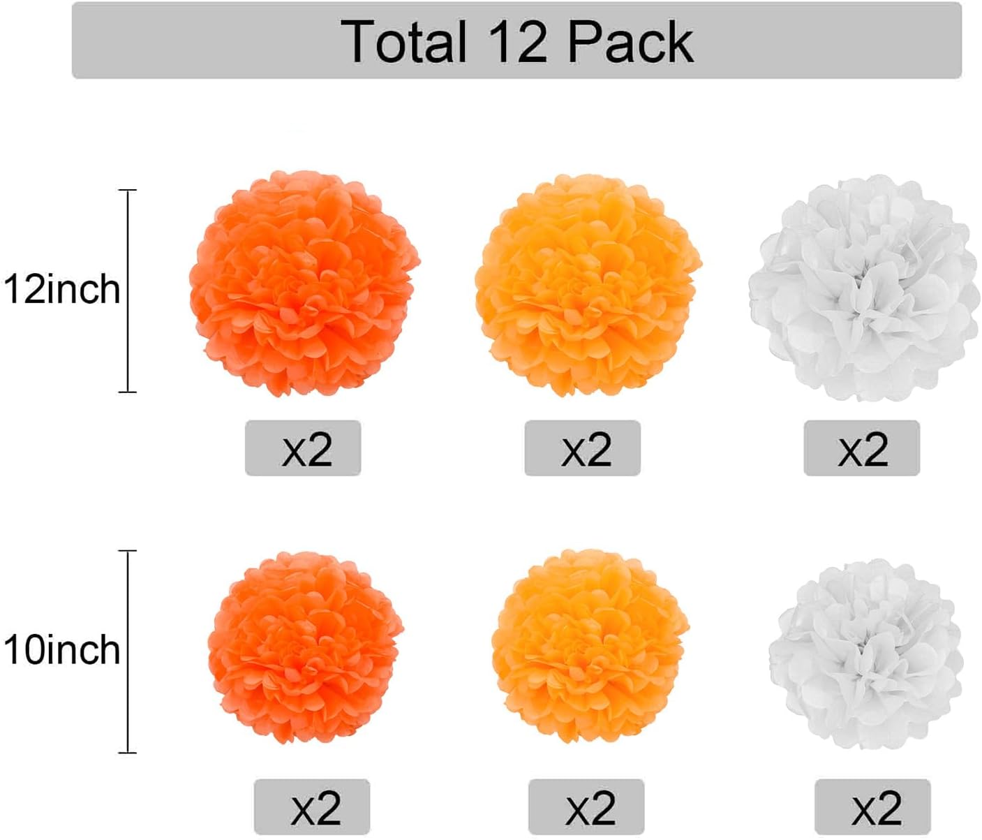 GAKA Orange and White Tissue Paper Pom Poms 12Pcs