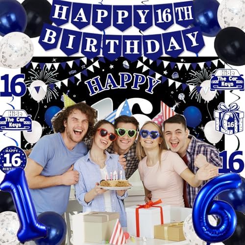 16th Birthday Decorations Blue Black Party Supplies