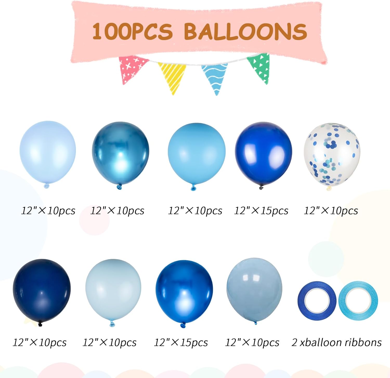 100pcs Blue Balloons Kit with 66ft Ribbons