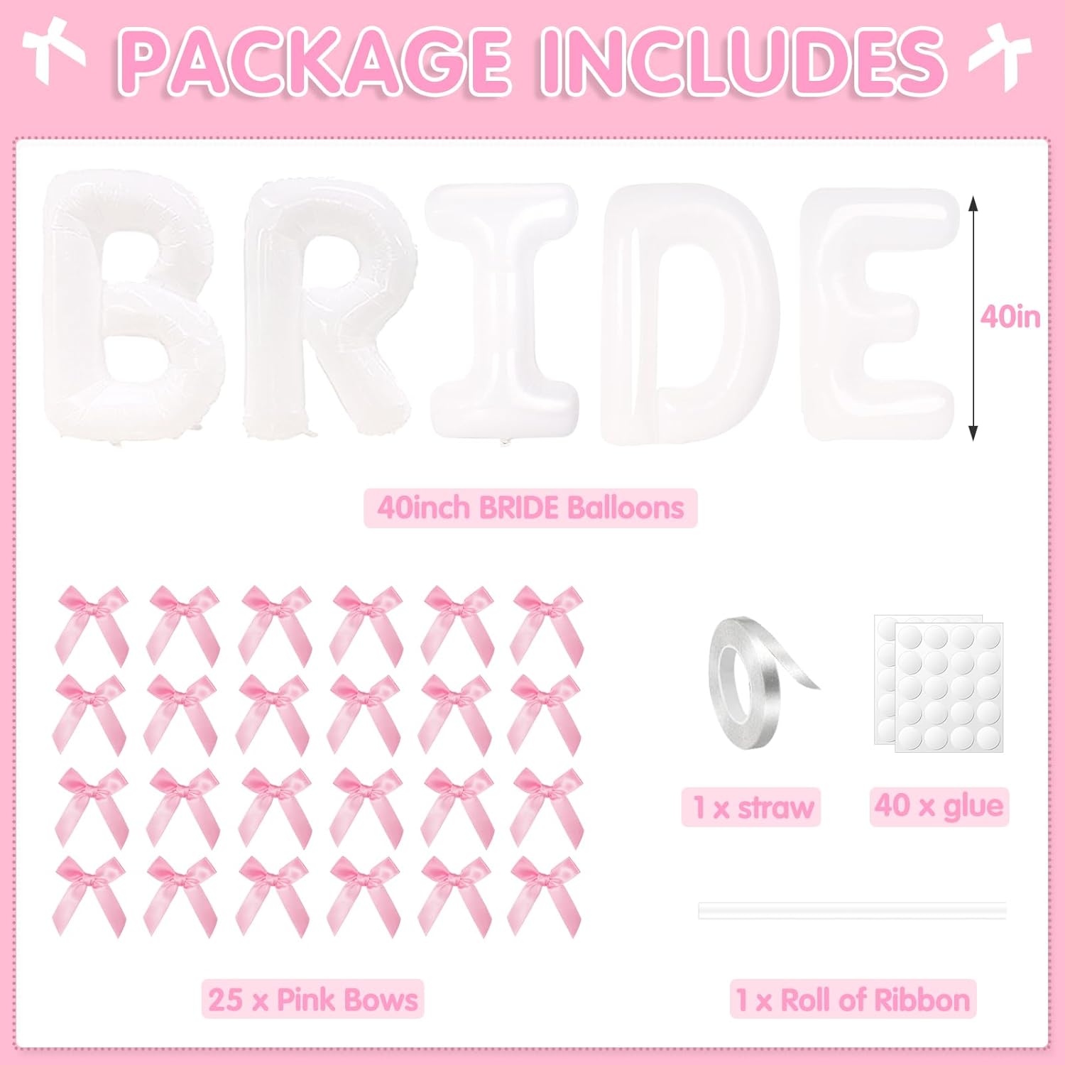 40 Inch White Bride Balloons with Pink Bows Set