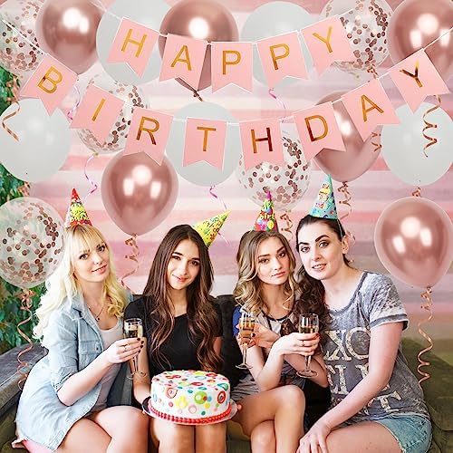 Rose Gold Birthday Banner with 16 Balloons and Ribbons