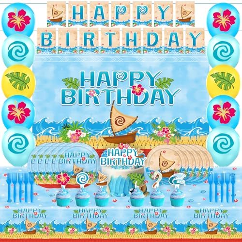 Tropical Hawaiian Birthday Party Tableware Set with Balloons and Decorations