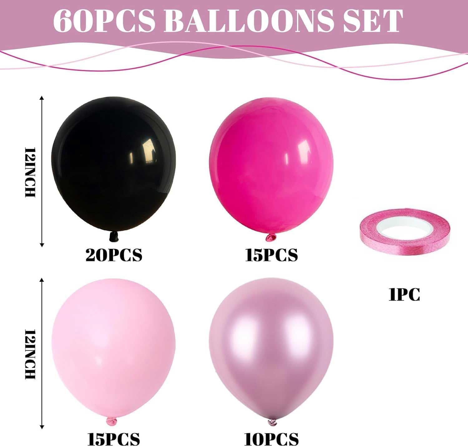 Pink and Black Balloons 60PCS Decor Set for Parties