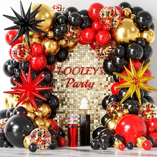 LOOLEY 137Pcs Red Black Gold Balloons Garland Arch Kit with Stars