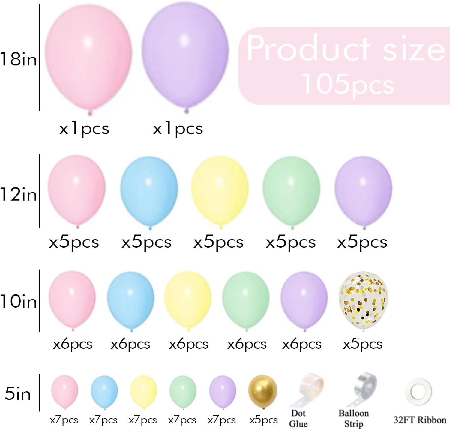 105pcs Pastel Balloons Arch Garland Kit with Gold Confetti Balloons