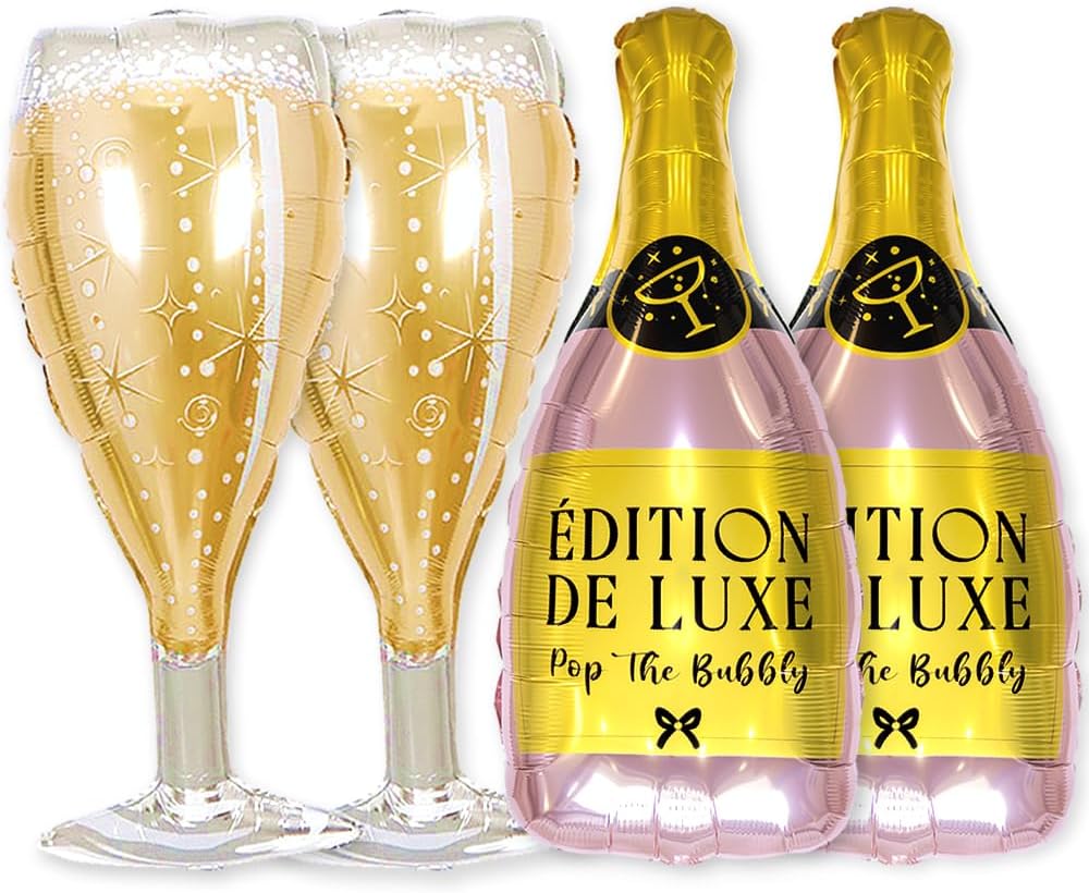 PartyForever Champagne Bottle Glass Balloon Set 4-Pack Large Foil Balloons