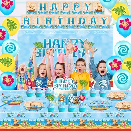 Tropical Hawaiian Birthday Party Tableware Set with Balloons and Decorations
