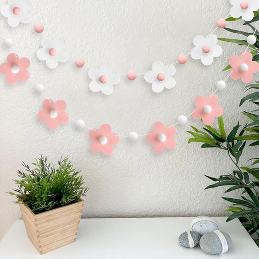 2 Pcs Felt Garland White Pink Flower Decor Banners