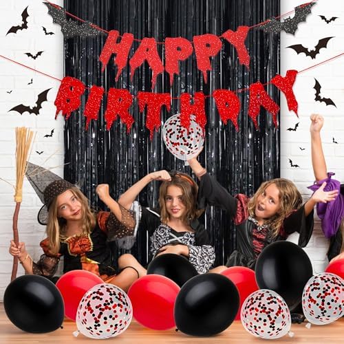 Halloween Happy Birthday Banner with Balloons and Decor