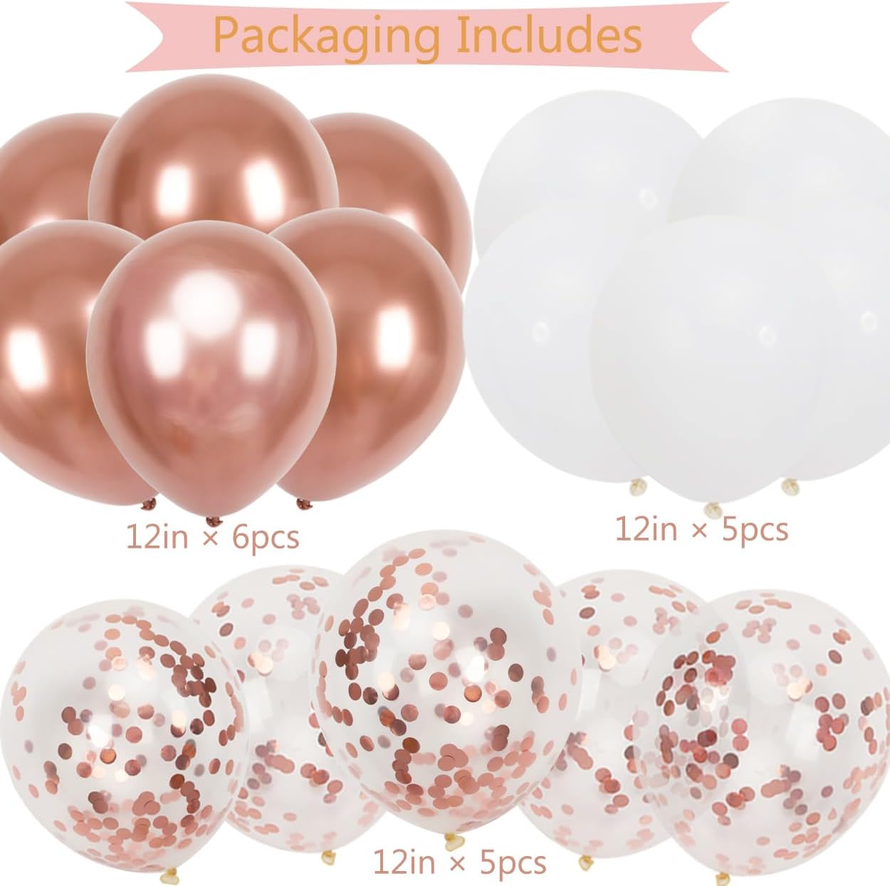 Rose Gold Birthday Banner with 16 Balloons and Ribbons