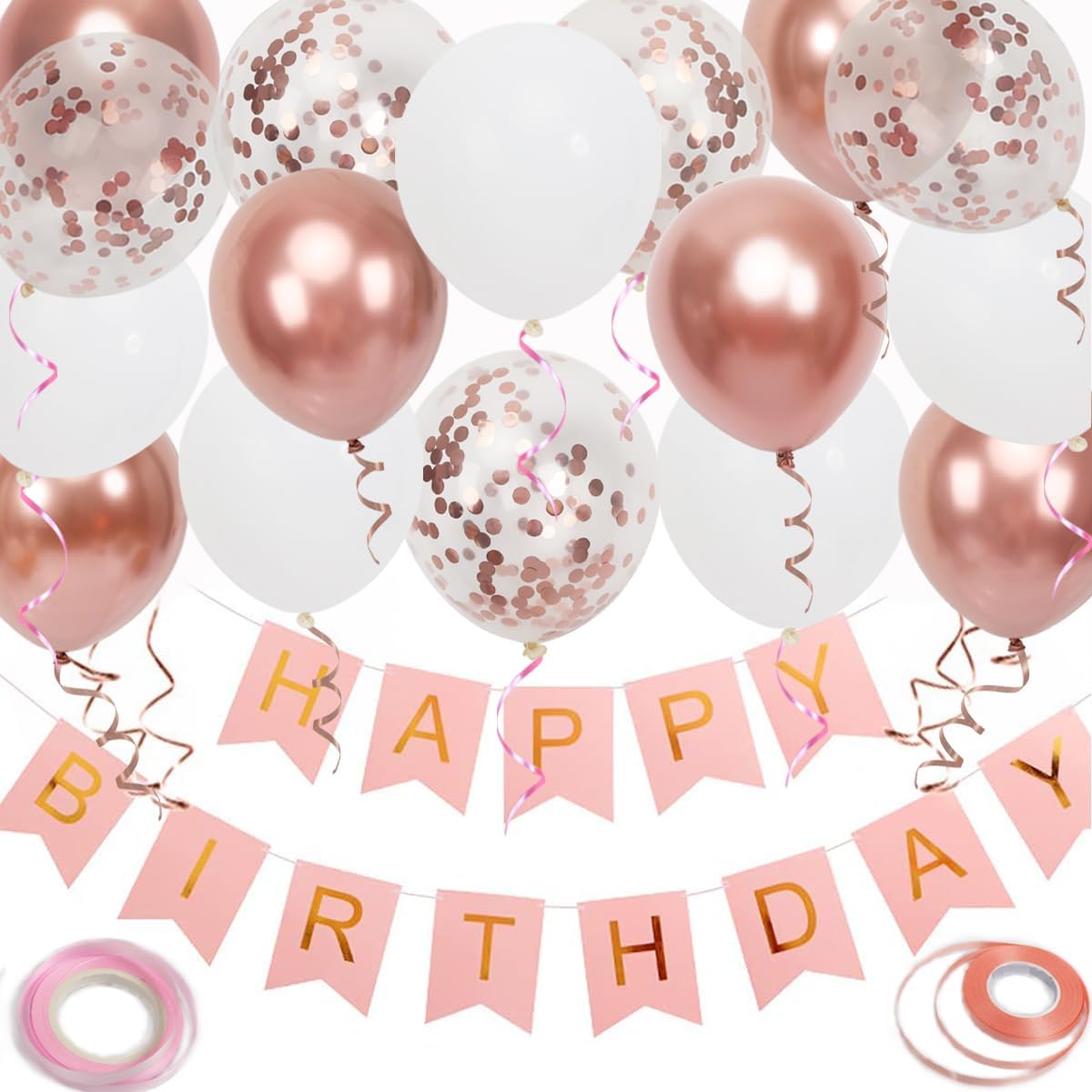 Rose Gold Birthday Banner with 16 Balloons and Ribbons