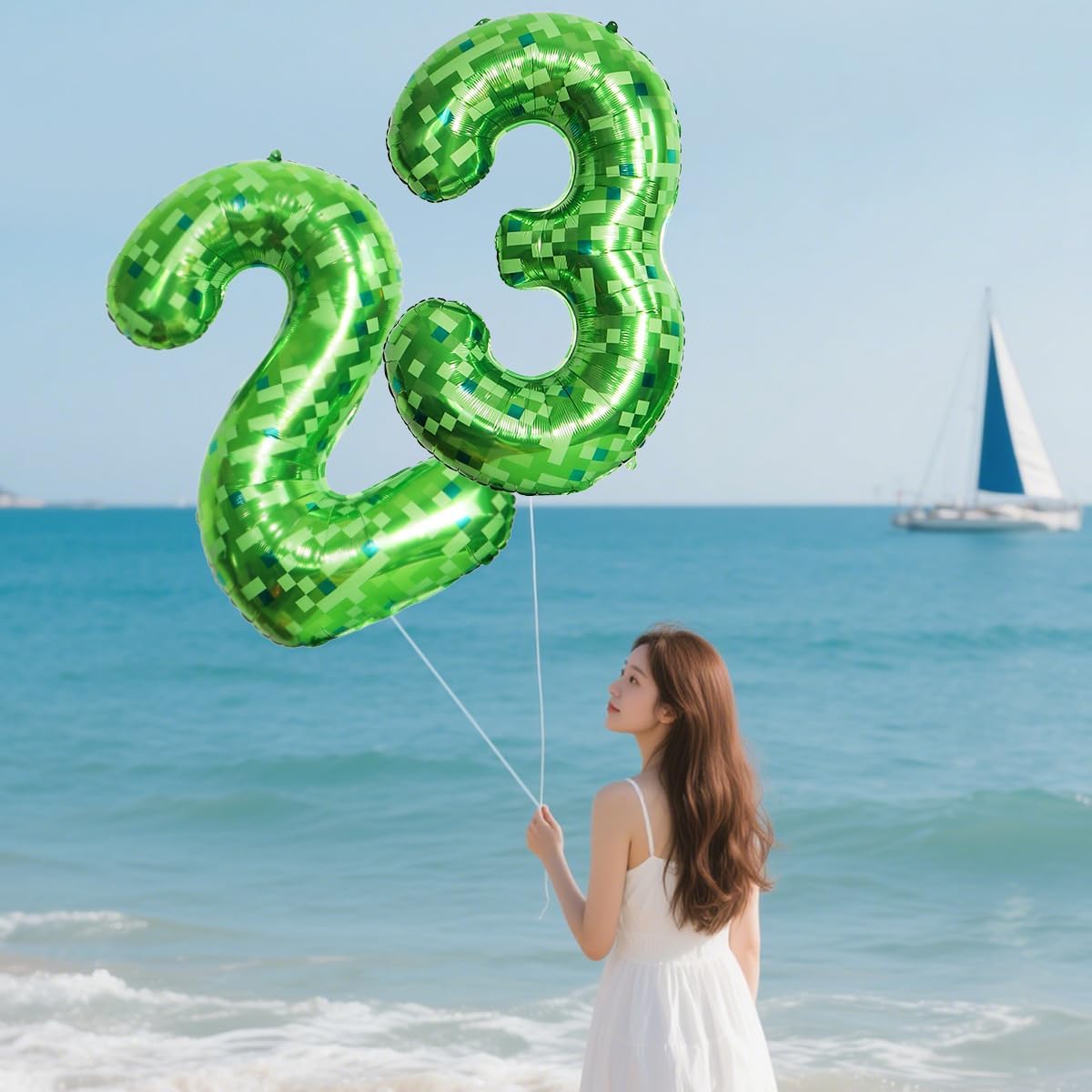 40 Inch Green Pixel Number 7 Foil Balloon Set 5Pcs