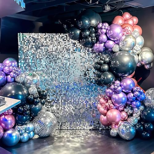 12 Inch Metallic Pink Purple Black and Silver Balloons with Ribbon