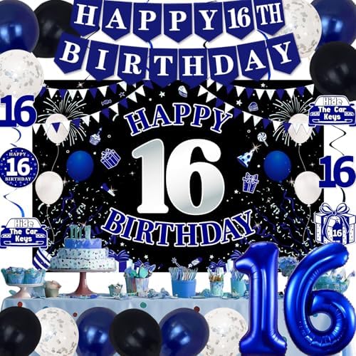 16th Birthday Decorations Blue Black Party Supplies