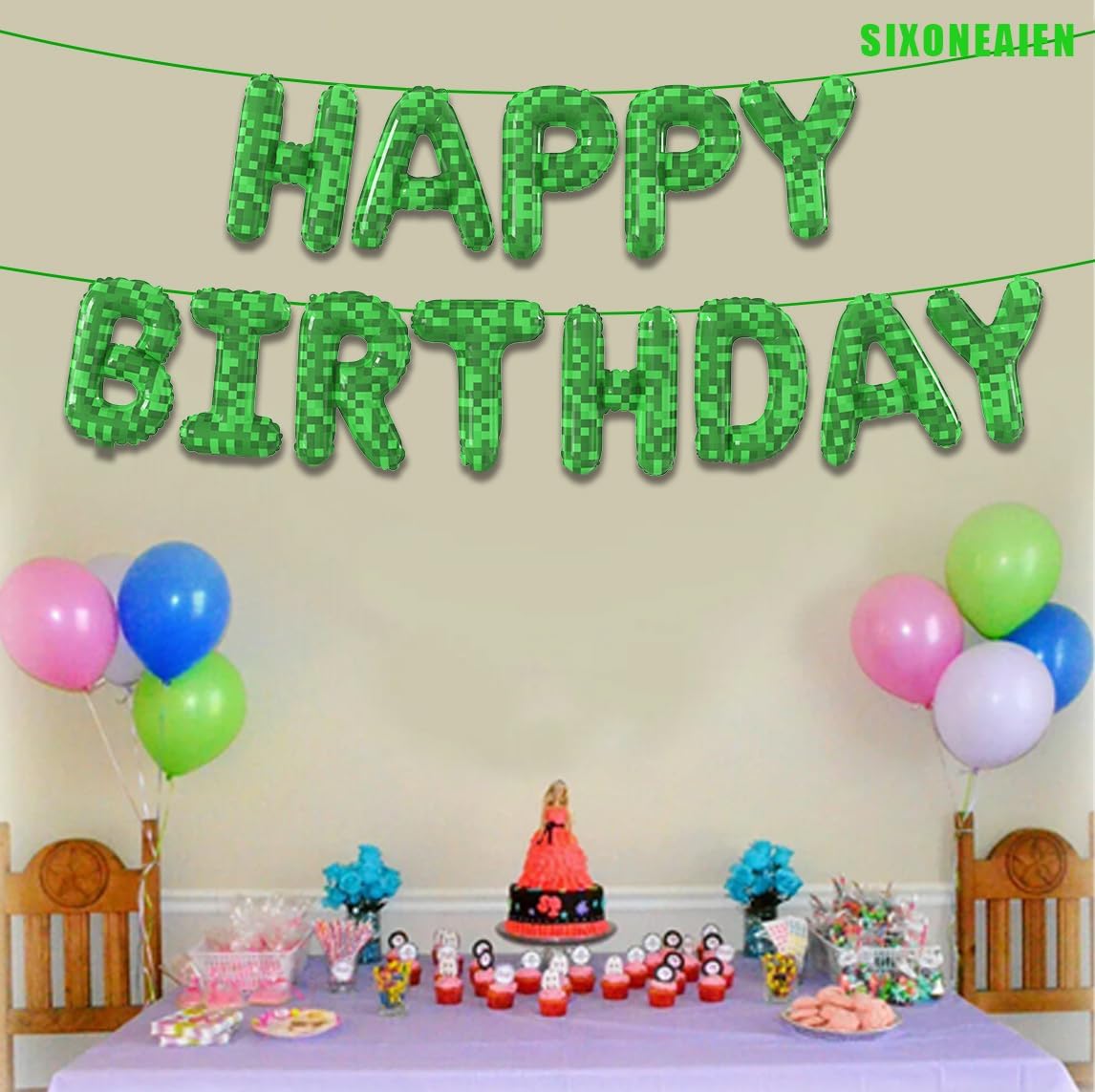 Green Pixel Miner Theme Birthday Foil Balloons