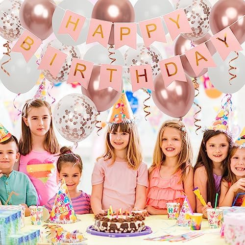 Rose Gold Birthday Banner with 16 Balloons and Ribbons