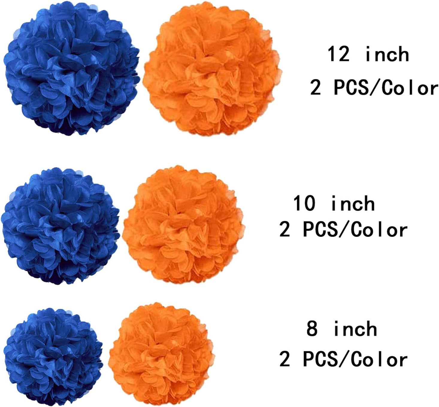 Blue Orange Tissue Pom Poms - 12 pcs Hanging Decorations