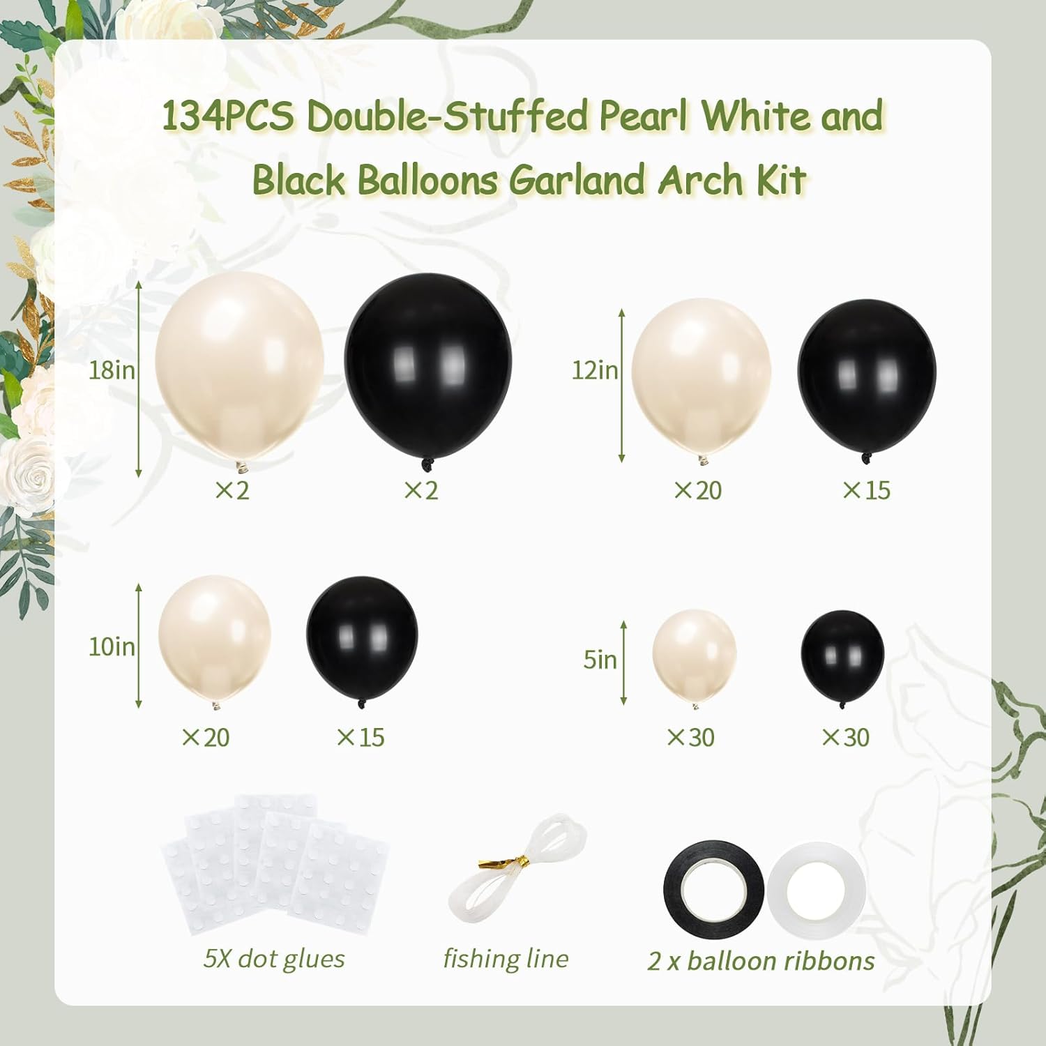 134pcs Double Stuffed Pearl White and Black Balloons Garland Arch Kit