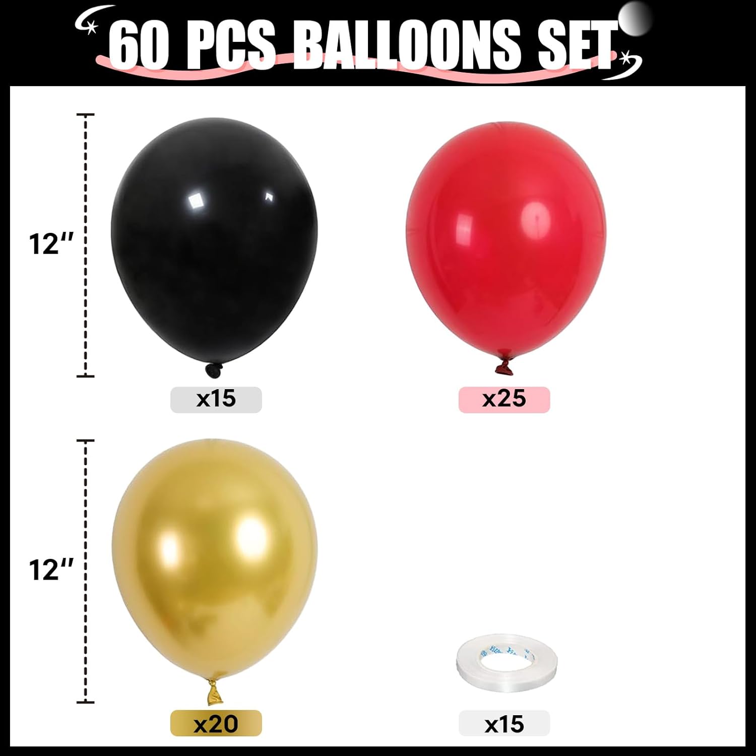 Red Black Gold Balloons 60 Pcs Casino Party Decor