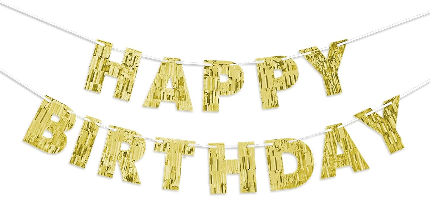 Gold Happy Birthday Banner - 9ft Pre-Strung Foil Garland