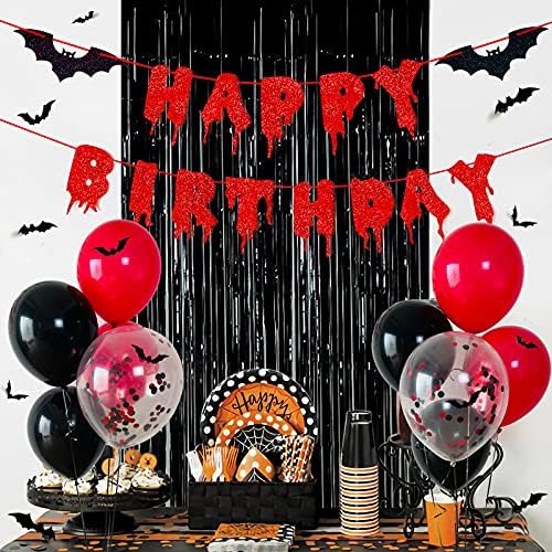 Red Glittery Halloween Birthday Party Decor Banner Set
