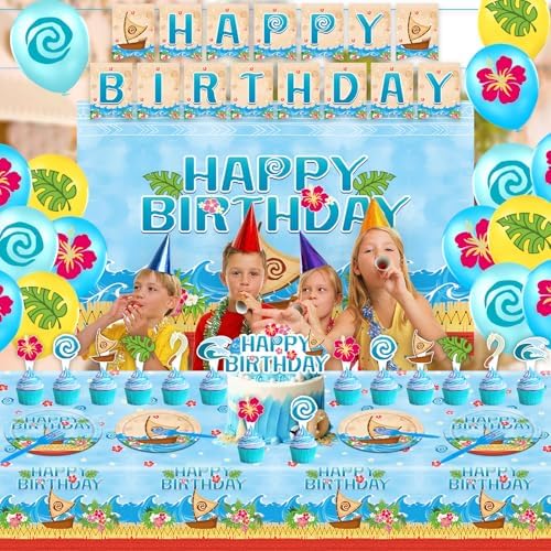 Tropical Hawaiian Birthday Party Tableware Set with Balloons and Decorations