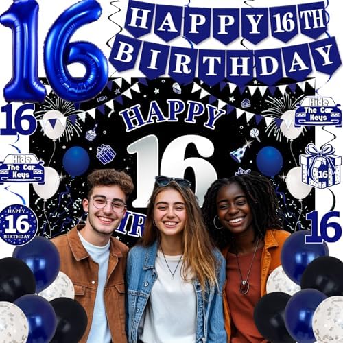 16th Birthday Decorations Blue Black Party Supplies