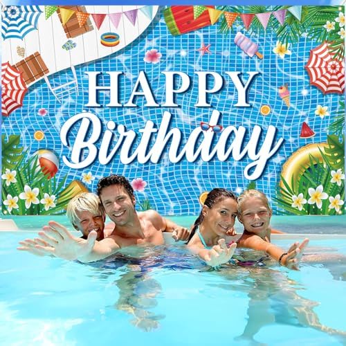 Large Pool Birthday Banner Backdrop 72x43 Inch