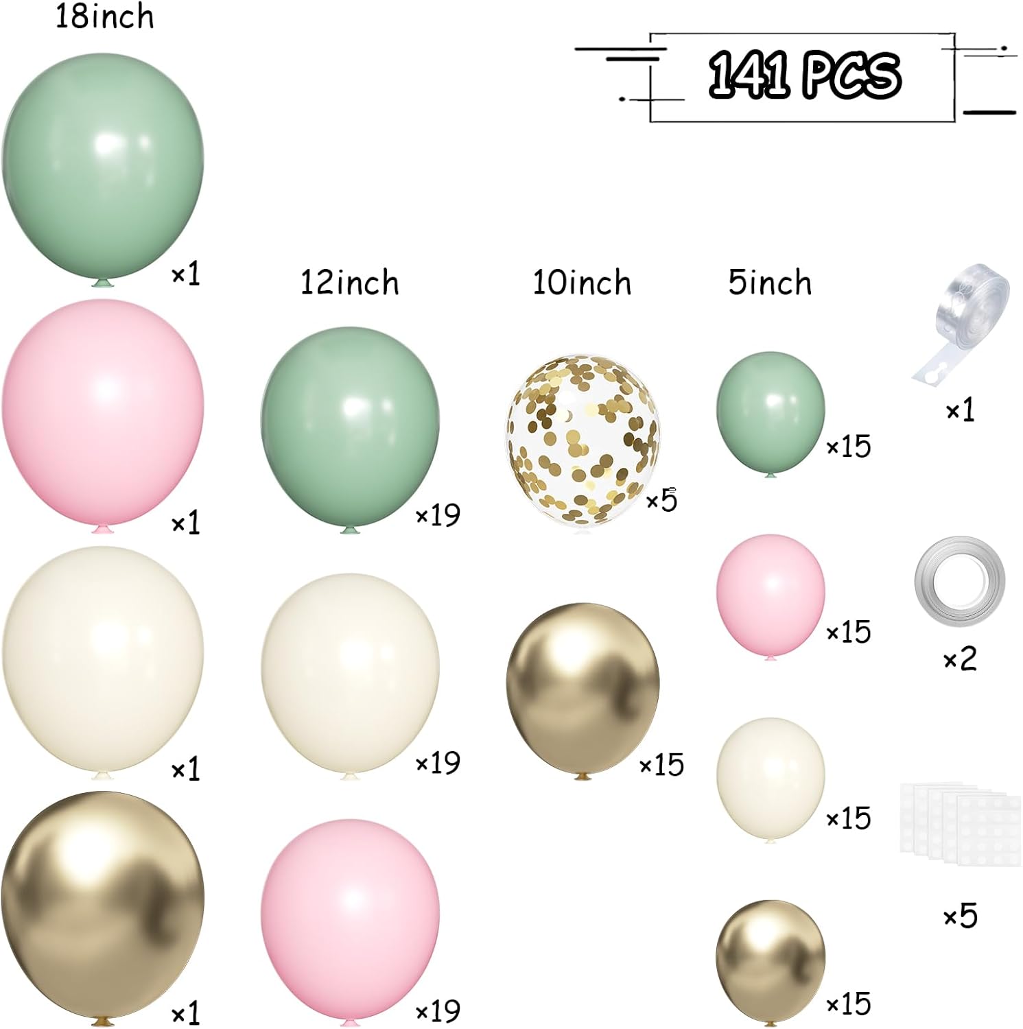 Sage Green Pink Gold Balloon Arch Kit 141Pcs