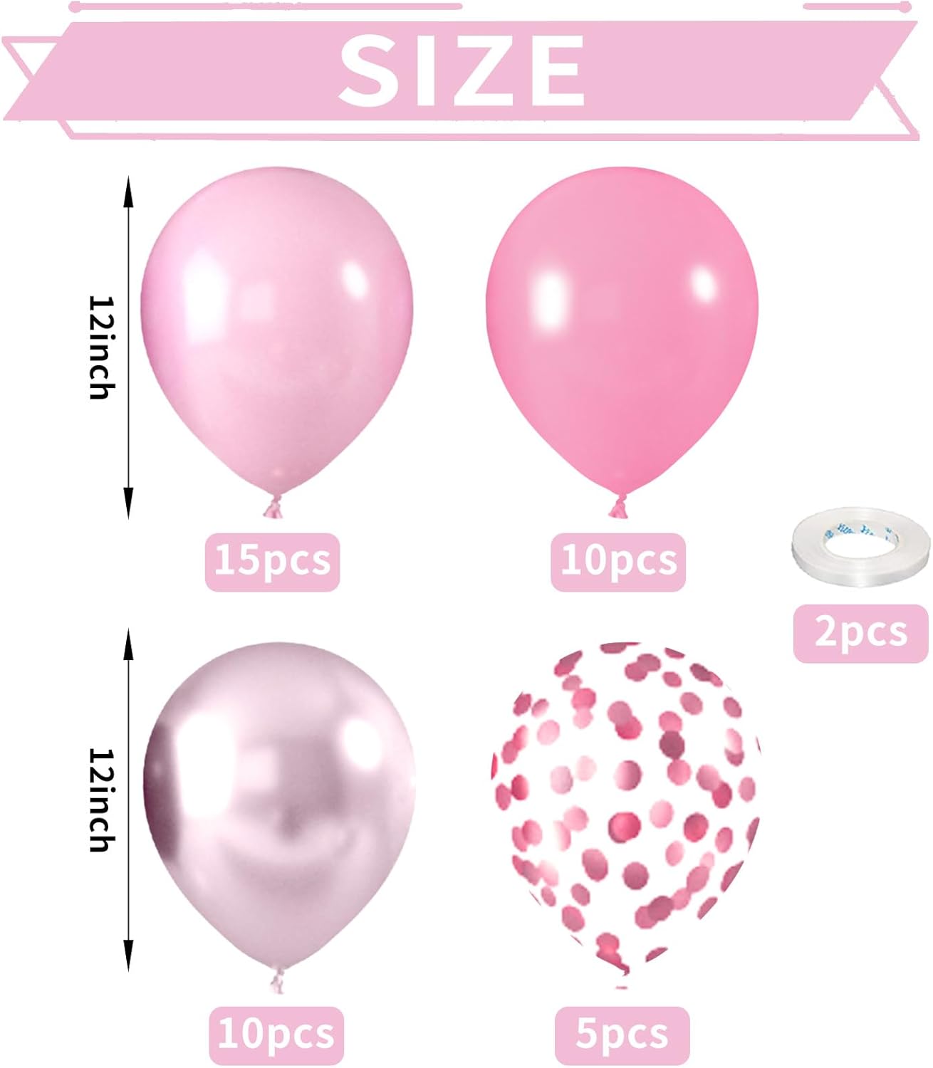 52 PCS 12 Inch Latex Balloons with Pink Confetti