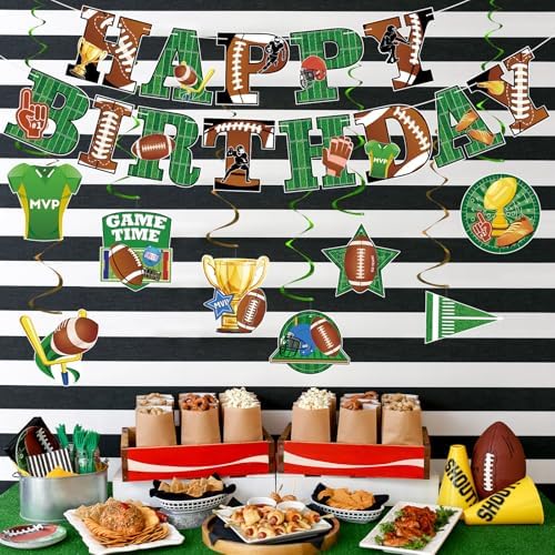 Hooqict Football Birthday Banner with 15 Hanging Swirls