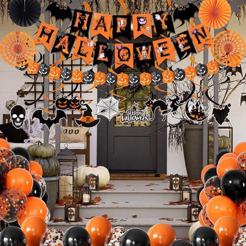 FECEDY Happy Halloween Decorations Banner Fan Balloons Streamers