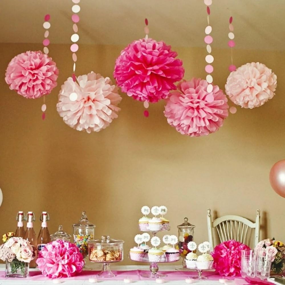 Lovely Pink Hanging Tissue Pom Poms - 16 Inch Pack of 12