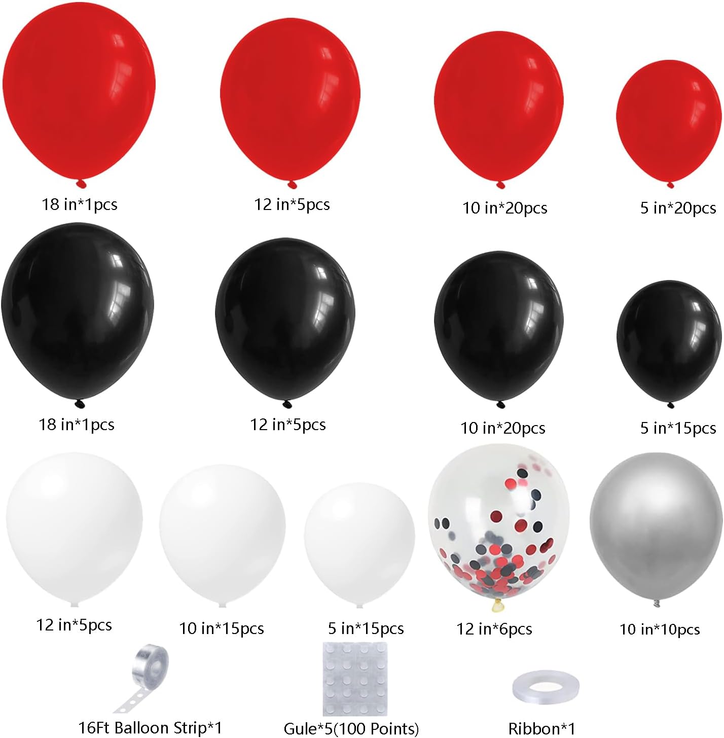 DBKL Party Balloon Garland Arch Kit with Red Black White Silver Confetti Balloons